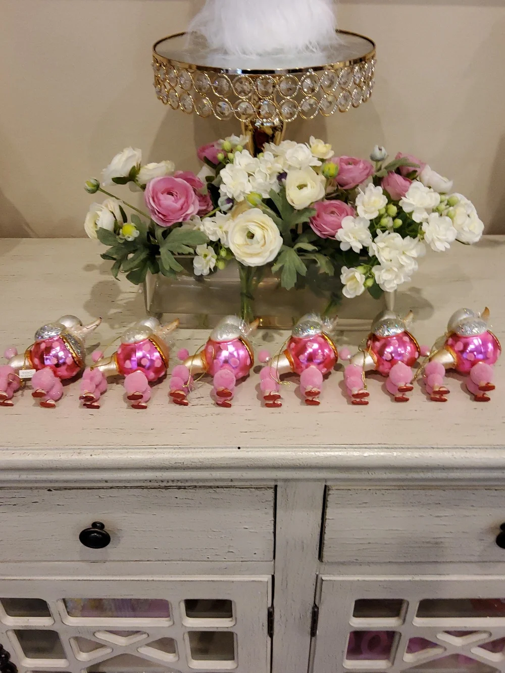 Decorative Pink and White Poodle Ornaments - Set of 6